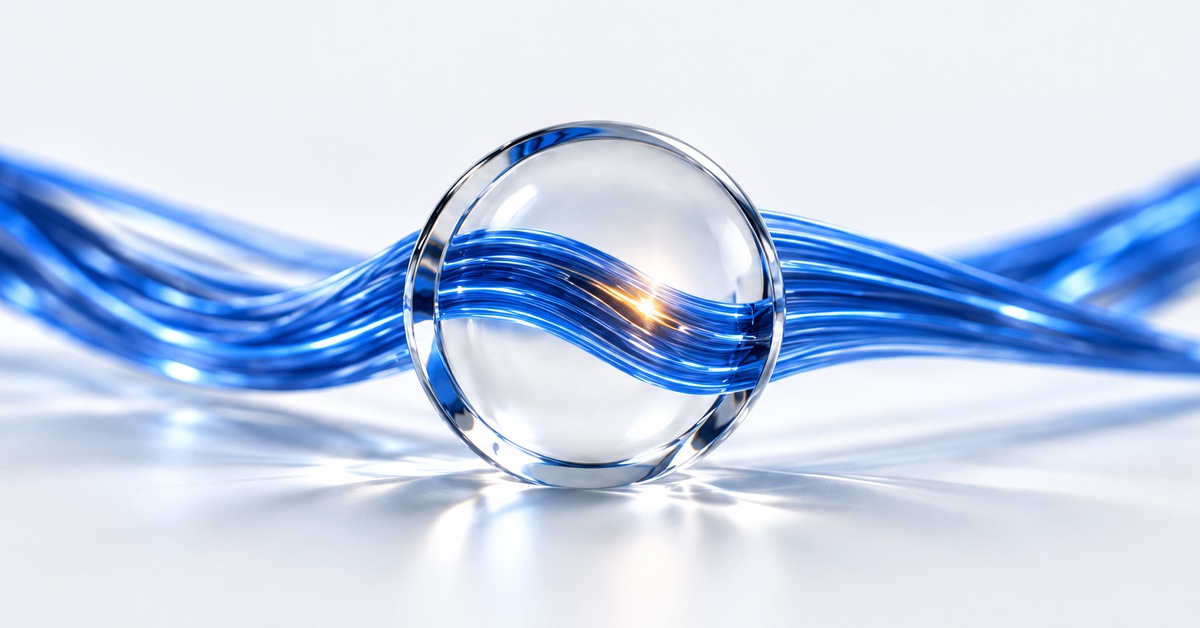 A clear lens isolates an amber point within a flowing blue signal